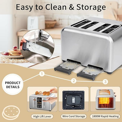 SEEDEEM Toaster 4 Slice, Full Touch control Toaster, LCD Display, 6 Bread Type, 7 Shade Settings, 1.4''Wide Slots，More Time Function, Removable Crumb Tray, 1800W, Silver Metallic