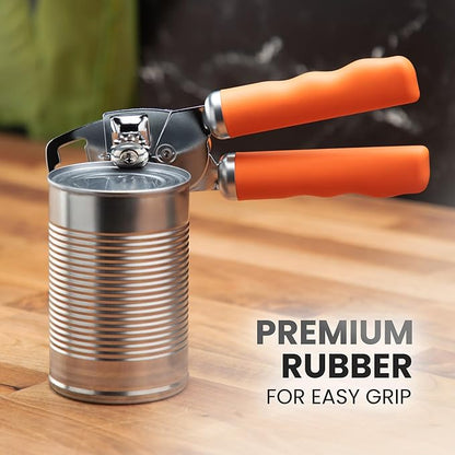 Zulay Kitchen Heavy Duty Stainless Steel Can Opener Manual with Bottle Opener - Rust Proof Manual Can Opener With Turn Knob & Comfy Soft Grip Handles - Orange