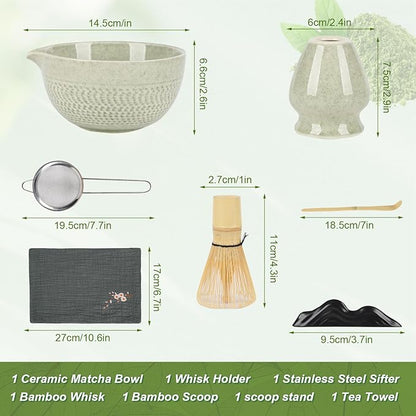 Matcha Whisk Set,7 Pcs Ceramic Set Includes Matcha Bowl,Matcha Whisk and Holder, Bamboo Scoop, Scoop Rest, Sifter and Tea Towel, Perfect Kit for Matcha lovers