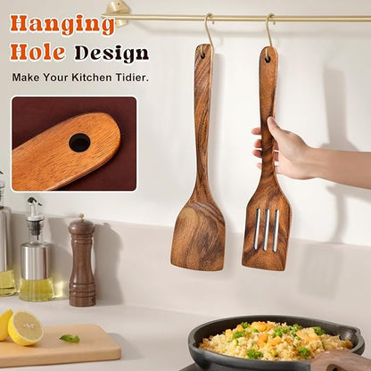 2Pcs Wooden Spatula, Acacia Solid & Slotted Turner Spatula Set, Long Handle Flat Frying Spatulas, Ideal Kitchen Gift for Mother and Grandma, Kitchen Utensils Set for Cooking, Frying, Baking