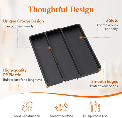 Lifewit Utensil Drawer Organizer, Expandable Cooking Silverware Tray for Kitchen Drawer, Adjustable Cutlery Flatware Holder, Plastic Spatula Tools and Gadgets Storage Divider, 3 Compartments, Black