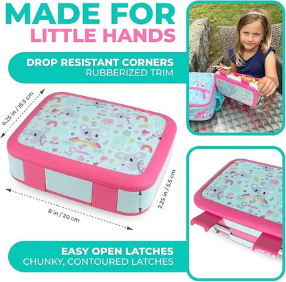 kinsho Bento Lunch Box for Kids Toddlers Girls, 4 Portion Sections Secure Lid, Microwave Safe BPA Free Removable Tray, Pre-School Kid Daycare Lunches Snack Container Ages 3 to 5, Pink Koala