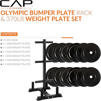 CAP Barbell 2-Inch Olympic Bumper Plate Weight Set with 6 Post Rack | 100-370 lbs | Multiple Options