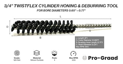 TwistFlex 3/4" 120SC Cylinder Hone | 0.75" (19mm) Flexible Cylinder Honing & Deburring Tool | Bore Brush for Hole Diameters 0.71” – 0.75” | Silicon Carbide 120 Grit | 1/4" Shank | 8" Length