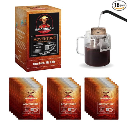 Pour Over Vietnamese Coffee – Saigondan Adventure | Espresso Robusta | 100% Robusta | Instant Specialty Coffee | Small Batch Roasted | Direct Trade | Naturally Sweet | 18 Sachets