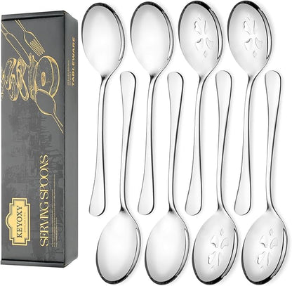 8 Piece Stainless Steel Serving Spoon Set - 4 Large, 4 Slotted,Dishwasher Safe,10-Inch, for Parties/Kitchen/Buffet/Catering
