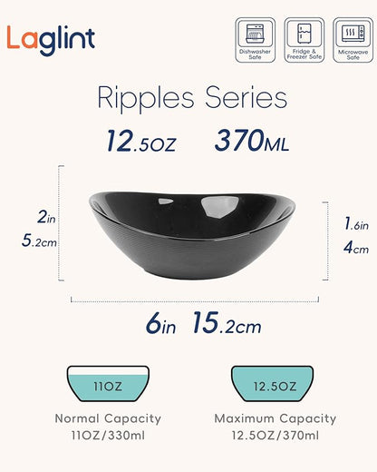 12 OZ Bowl Set of 6, Opal Glass 6 inch Oval Small Ice Cream Bowls for Breakfast Snack Dessert, Side Dishes, Fruit Kitchen, Microwave & Dishwasher Safe, Black