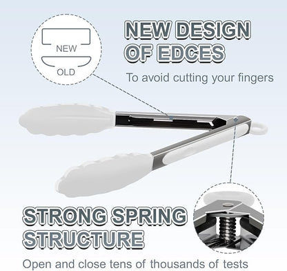 Premium Stainless Steel Heat Resistant Kitchen Tongs for cooking,set of 9" and 12" (White),Non Scratch Silicone cooking Tong Tip for Cooking Pans,Strong Grip BBQ tongs for Grabbing Hot Food