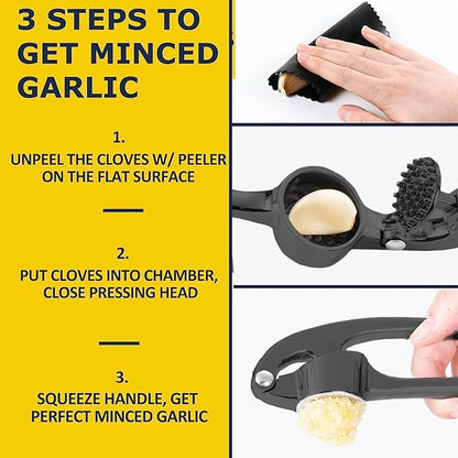 Premium Garlic Press Stainless Steel - Elevate Your Culinary Experience with Our Premium Garlic Mincer, Crusher & Peeler Set, Dishwasher Safe & Rust-proof (Matte-Black)