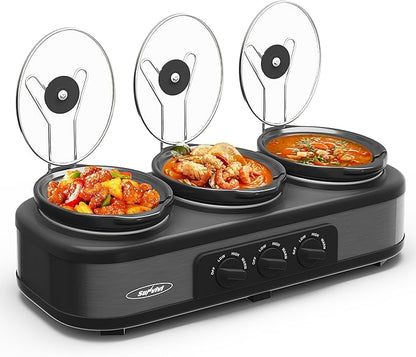 Sunvivi Triple Slow Cooker, Buffet Food Warmer with 3 * 1.5 Quarts Removable Ceramic Pots, Buffet Servers and Warmers with Glass Lids and 3 Spoons, Stainless Steel, Grey
