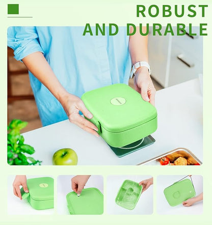 Bento Lunch Box with Kids/Adults, 5 Compartments Leakproof Lunch Container with Dressing Cup, Eco-Friendly Double Insulated Boxes, Dishwasher and Microwave Safe, BPA-Free (green)