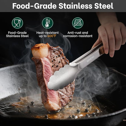 Beneno 12-Inch Food-Grade Stainless Steel Kitchen Tongs with Heat-Insulating Wooden Handle & Non-Slip Scalloped Tips, Heavy Duty Locking Food Tongs for Cooking, Grilling, BBQ and Serving