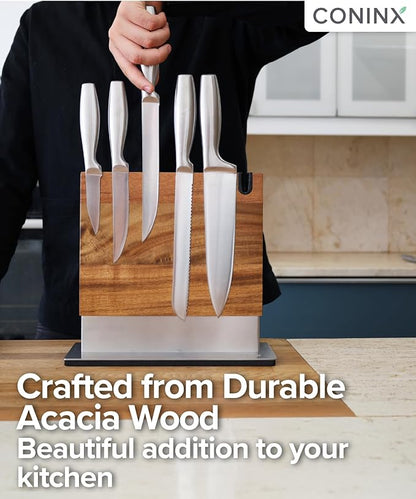Coninx Magnetic Knife Block with Integrated Sharpener - Double Sided Walnut Wood Knife Holder - Universal Knife Stand with Non-Slip Base for Kitchen Countertop