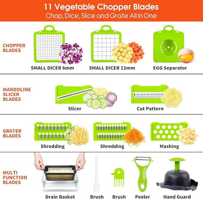 Vegetable Chopper, Pro Onion Chopper, 14 in 1Multifunctional Food Chopper, Kitchen Vegetable Slicer Dicer Cutter,Veggie Chopper With 8 Blades,Carrot and Garlic With Container (Gray) (Gray)