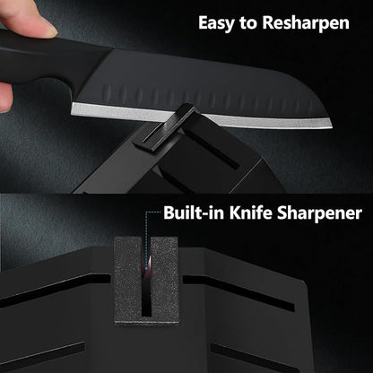Kuisine Premium Knife Set,One-piece Steel Molding,High Carbon Stainless Steel Ultra Sharp,Non-slip Ergonomic Solid Steel Handle,Built-in Sharpener Knife Block Set,Luxury Gift(15PCS,BlackPro EX)