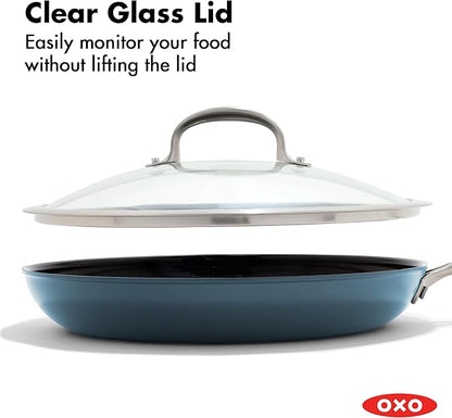 OXO Enhanced 12” Nonstick Frying Pan Skillet with Lid, Ceramic PFAS-Free Cookware, Stainless Steel Handle, Eggs & Omelets, Dishwasher & Oven Safe, Storm Blue