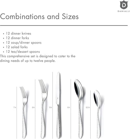 Hammered Silverware Set | Premium 18/10 Stainless Steel Flatware Service for 12 | Heavy-Duty & Dishwasher Safe | Built to Last (60-Piece, Fidenza Hammered)
