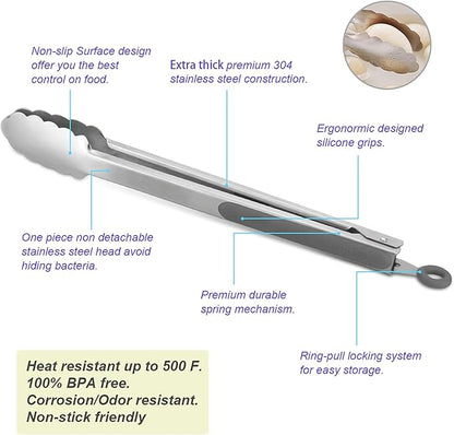304 Stainless Steel Kitchen Cooking Tongs, 9" and 12" Set of 2 Sturdy Grilling Barbeque Brushed Locking Food Tongs with Ergonomic Grip, Grey