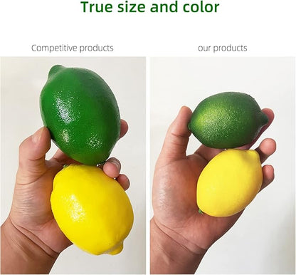 Fake Fruit Artificial Lemons 24 Pcs, Faux Lemon Leaves 12 Pcs Lifelike Fake Lemon Decor for Kitchen Table Cabinet Party Plastic Fruits Photography Prop