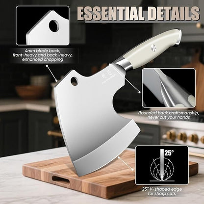 Meat Cleaver Heavy Duty - Bone Chopper, Hand Forged Kitchen Axe with Full Tang Handle, Bone Chopping Knife, Japanese Butcher Knife for Meat Cutting, Kitchen Gift for Men