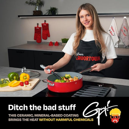 Guy Fieri's Flavortown 6-Piece Ceramic Cookware Set, 8" & 10.2" Frypans, 2QT Saucepan, 3.2QT Sautépan Nonstick, Made without PFAS PTFE PFOA, Oven & Dishwasher Safe, Easy to Clean, Red