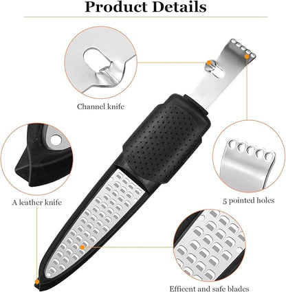 Lemon Zester Tool 4-in-1 with Channel Knife, Grater, Peeler & Stripper, Stainless Steel Citrus Zester for Kitchen, Cheese, Vegetables, Dishwasher Safe