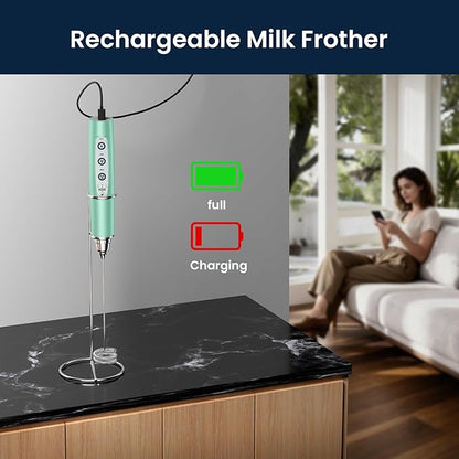 Milk Frother with Stand Rechargeable- Handheld Coffee Frother with 3 Stainless Whisks 3 Speed Adjustable, Electric Whisk Drink Mixer, Foam Maker Blender for Matcha Latte Cappuccino Chocolate