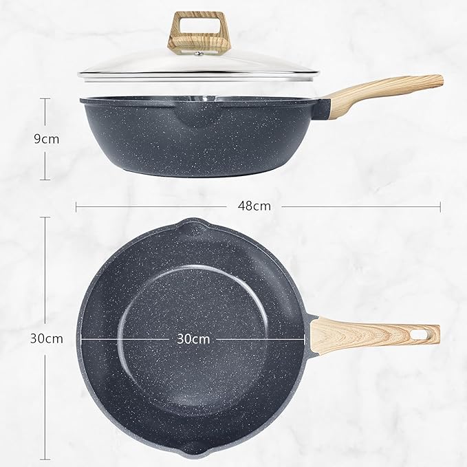 GiPP Ceramic Nonstick Deep Frying Pan Skillet, 12" Saute Pan with Lid, Induction Cookware Non Stick Cooking Pan, PTFE PFOA PFOS APEO Free, Grey