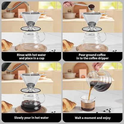 Mongdio Pour Over Coffee Dripper, Stainless Steel Coffee Dripper, Reusable Metal Coffee Filter, Double Mesh Design of Pour Over Coffee Maker, With Removable Base.1-4 Cups