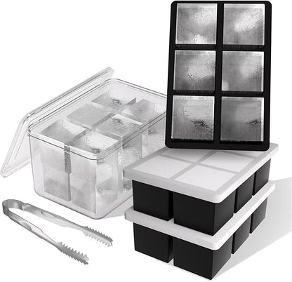 Samuelworld Large Ice Cube Tray with Lid and Bin: 2 Inch Silicone Old Fashioned Ice Cube Mold with Lid and Bin, Big Square Ice Cube Maker for Whiskey-3 Pack (With Ice Tong)