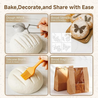 Complete Sourdough Starter Kit With Woven Proofing Basket, Sour dough Starter jar, Sourdough Bread Baking Supplies, Bread Making Kit,Perfect for Beginners & Gift