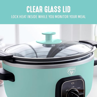 GreenLife 3.5QT Slow Cooker, Non-Toxic PFAS-Free Ceramic Nonstick Removable Interior Bowl, Programmable, Keep Warm, Stovetop & Oven Safe, Dishwasher Safe Parts, Glass Lid, Turquoise