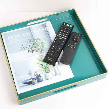 Spsyrine Green Decorative Serving Tray with Handles, 13" X 13" Square Plastic Coffee Table Tray for Ottoman, Living Room, Bathroom, Home Decor.