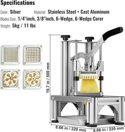 VEVOR Commercial French Fry Cutter with 4 Replacement Blades, 1/4" and 3/8" Blade Easy Dicer Chopper, 6-wedge Slicer and 6-wedge Apple Corer, Lemon Potato Cutter for French Fries with Extended Handle