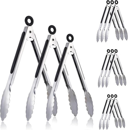 12 Pcs Stainless Steel Serving Tongs for Cooking, 7" 9" 12" Heavy Duty Metal Lockable Kitchen Salad Tongs Small Grill Tong for Food, BBQ, Toaster, Non-slip Grip