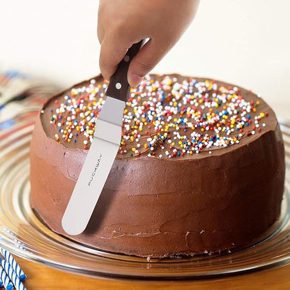 Offset Cake Icing Spatula Set of 4- Professional Stainless Steel Cake Decorating Frosting Spatulas, 4"-6"-8"-10" Flexible Resistant Blade, Wooden Handle For Easy Grip