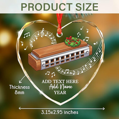 Personalized Harmonica Musical Instrument Glass Ornaments, Harmonica Christmas Tree Ornament 2025, Custom Music Lover Christmas Ornament with Text Name & Year, Keepsake Gift for Music Teacher