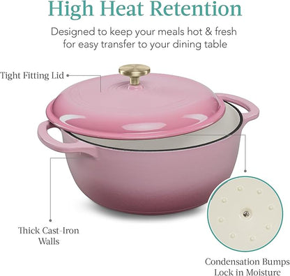 Best Choice Products 7.5 Quart Enamel Cast-Iron Round Dutch Oven, Family Style Heavy-Duty Pre-Seasoned Cookware for Home, Kitchen, Dining Room, Oven Safe w/Lid, Dual Handles - Pink Champagne