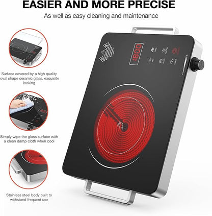 Electric Cooktop,Portable Electric Cooktop 1800W Single Burner Stove with Plug,Hot Plate Countertop,110V-120V Infrared Burner,Child Safety Lock,Timer,Touch and Knob Control