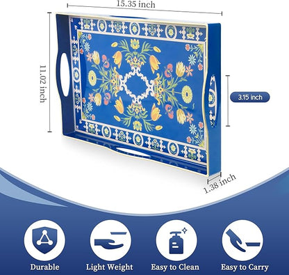 Gifturbo Blue Decorative Tray with Four Handles, Versatile Serving Tray for Coffee Table, Ottoman, Ideal for Serving, Displaying, Organizing,Home Decor