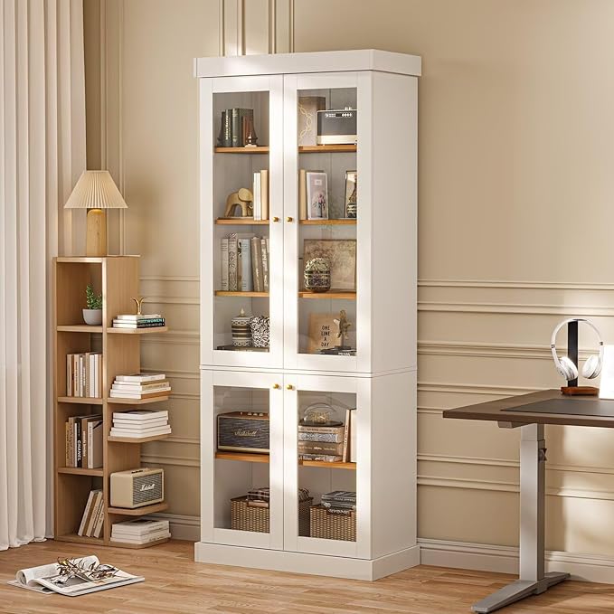 70.8" Tall Farmhouse Kitchen Pantry Cabinet with Glass Doors, Modular Wooden Storage Cabinet with 6-Tier Adjustable Shelves, Hutch for Kitchen or Living Room, White, Set of 2