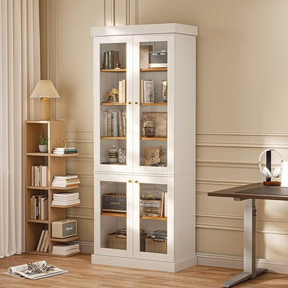 70.8" Tall Farmhouse Kitchen Pantry Cabinet with Glass Doors, Modular Storage Cabinet with 6-Tier Adjustable Shelves, White, Wooden Hutch for Kitchen, Living Room, Set of 2