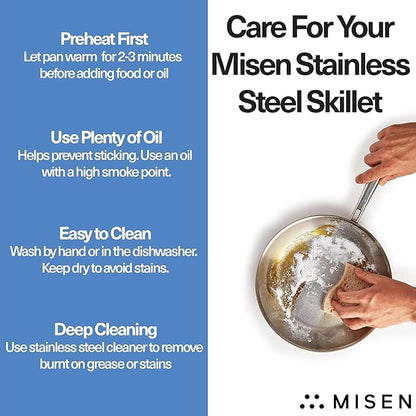 Misen 5-Ply Stainless Steel 12" Frying Pan - Professional Cookware for Induction, Gas and Electric - Dishwasher Safe, Oven Safe to 800°F - Durable, Versatile, Even Heating