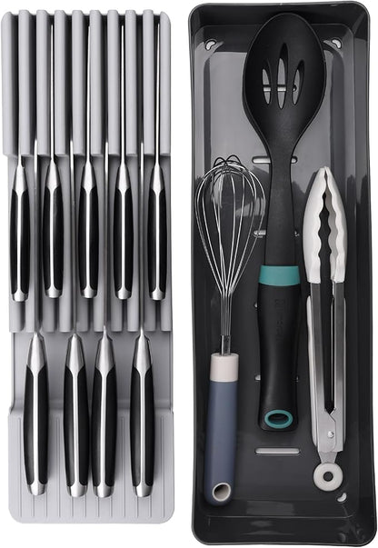 Linoroso Knife Drawer Organizer With In-Drawer Knife Block for 9 Knives, Kitchen Utensil Organizer, BPA Free Secure Storage Tray for Countertop Organization