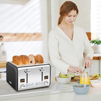 SEEDEEM 4 Slice Stainless Toaster - Color LCD Display, 7 Shade Settings, 1.5'' Wide Slots, Bagel/Defrost/Reheat Functions, Removable Crumb Tray, Dark Chocolate, 1800W