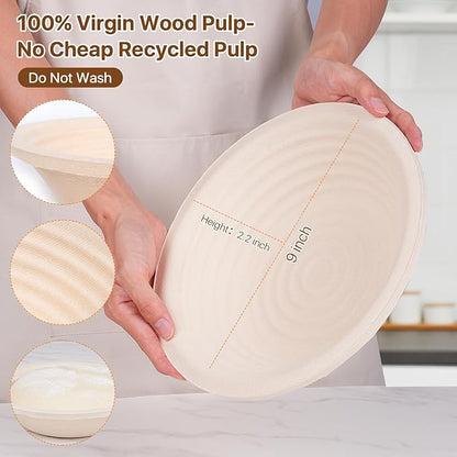 Non-Stick Oval Wood Pulp Banneton Bread Proofing Basket Set Of 2, Sourdough Banneton Basket Kit, Bread Making Tool Sourdough Starter Kit with Proofing Bowl, Cover, Dough Whisk, Lame, Scraper