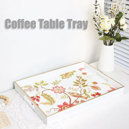 Spsyrine Decorative Serving Tray with Handles, White Lacquered Coffee Table Tray for Ottoman, Rectangle Waterproof Platters for Centerpieces, Parties, Living Room, Kitchen Counter Organization