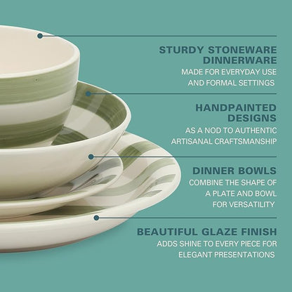 Gibson Home Kenwood Shores 16 Piece Dinnerware Set, Green Striped, Hand-Painted Stoneware, Plates and Bowls, Service for 4, Microwave & Dishwasher Safe