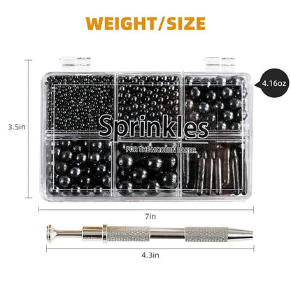 Kasvan Black Mix Sugar Sprinkles - Edible Candy Pearls with 4-Claw Sprinkle Pen,118g/4.16 Oz, Gift Box Pack, Baking Cake Decorations, Ice Cream Toppings and Cookie Decorating (Black)