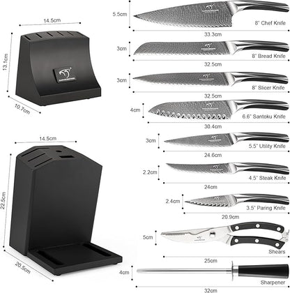 NANFANG BROTHERS Damascus Kitchen Knife Set, 15-Piece with Block, ABS Ergonomic Handle, Carving Fork, Disconnect-type Knife Block (Black)